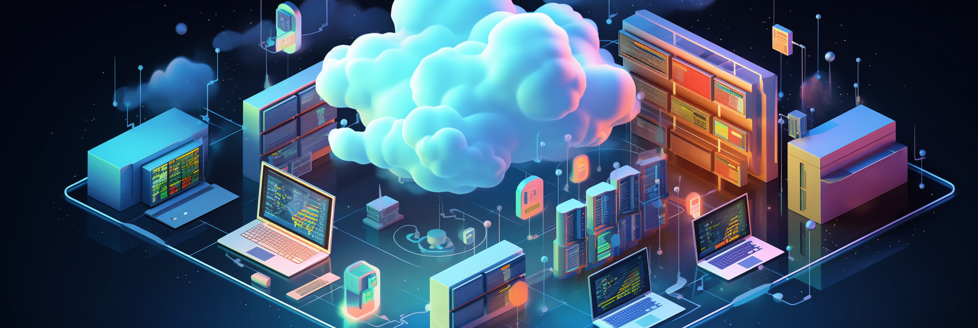 Isometric image of computers and servers circled around a cloud