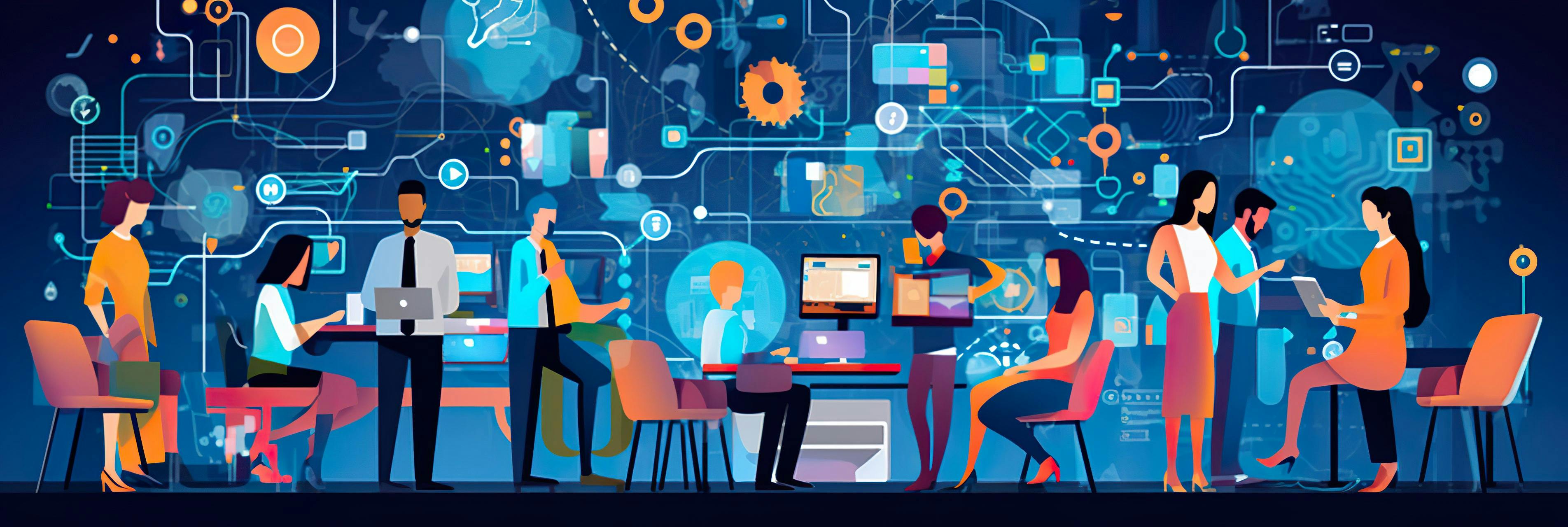 2d illustration of people working together and using modern technologies like laptops. The background is made of pcb like connections and gears.