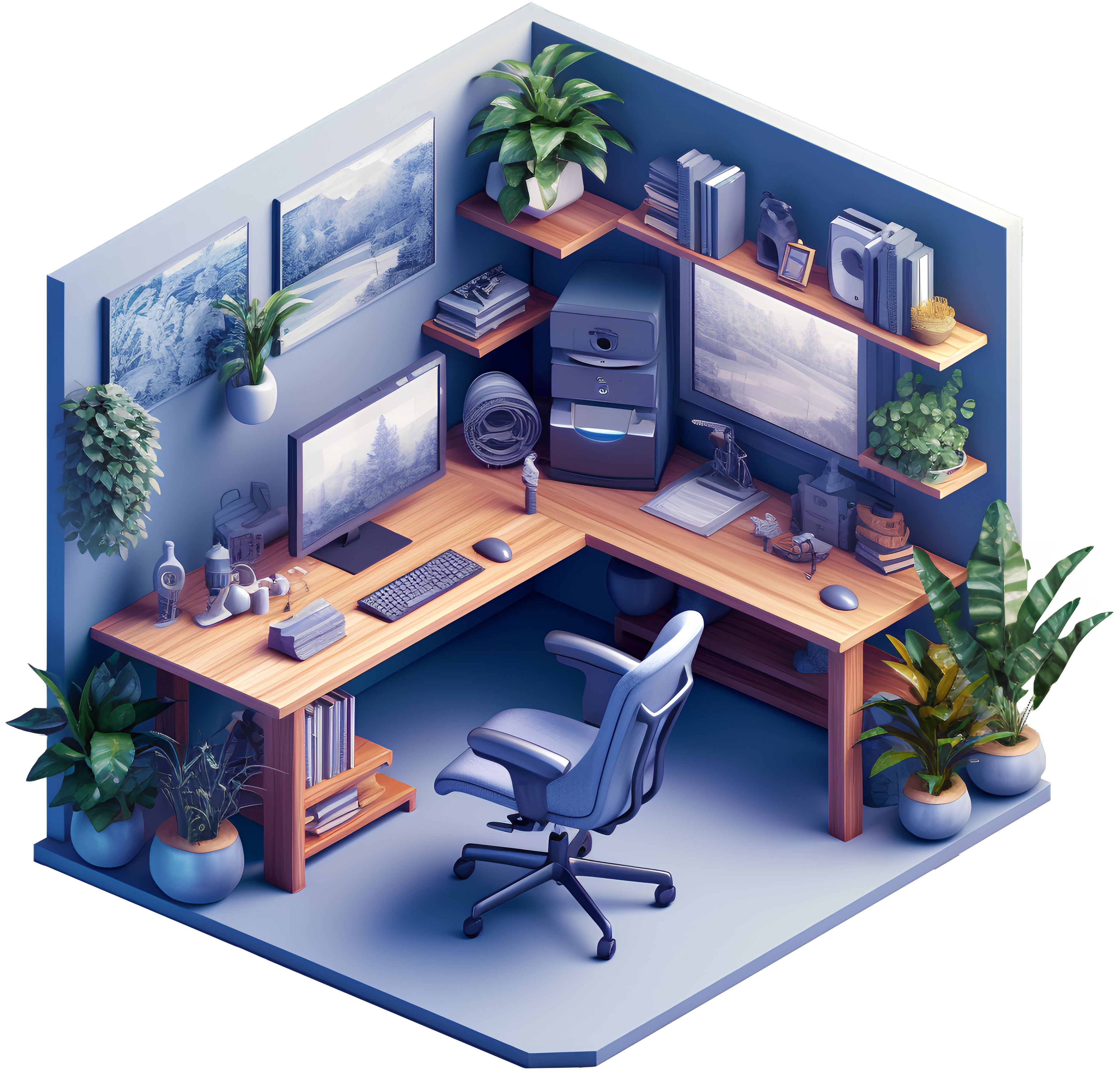 an isometric home office with a computer desk, lamps and plants, in the style of 2d game art, navy and blue