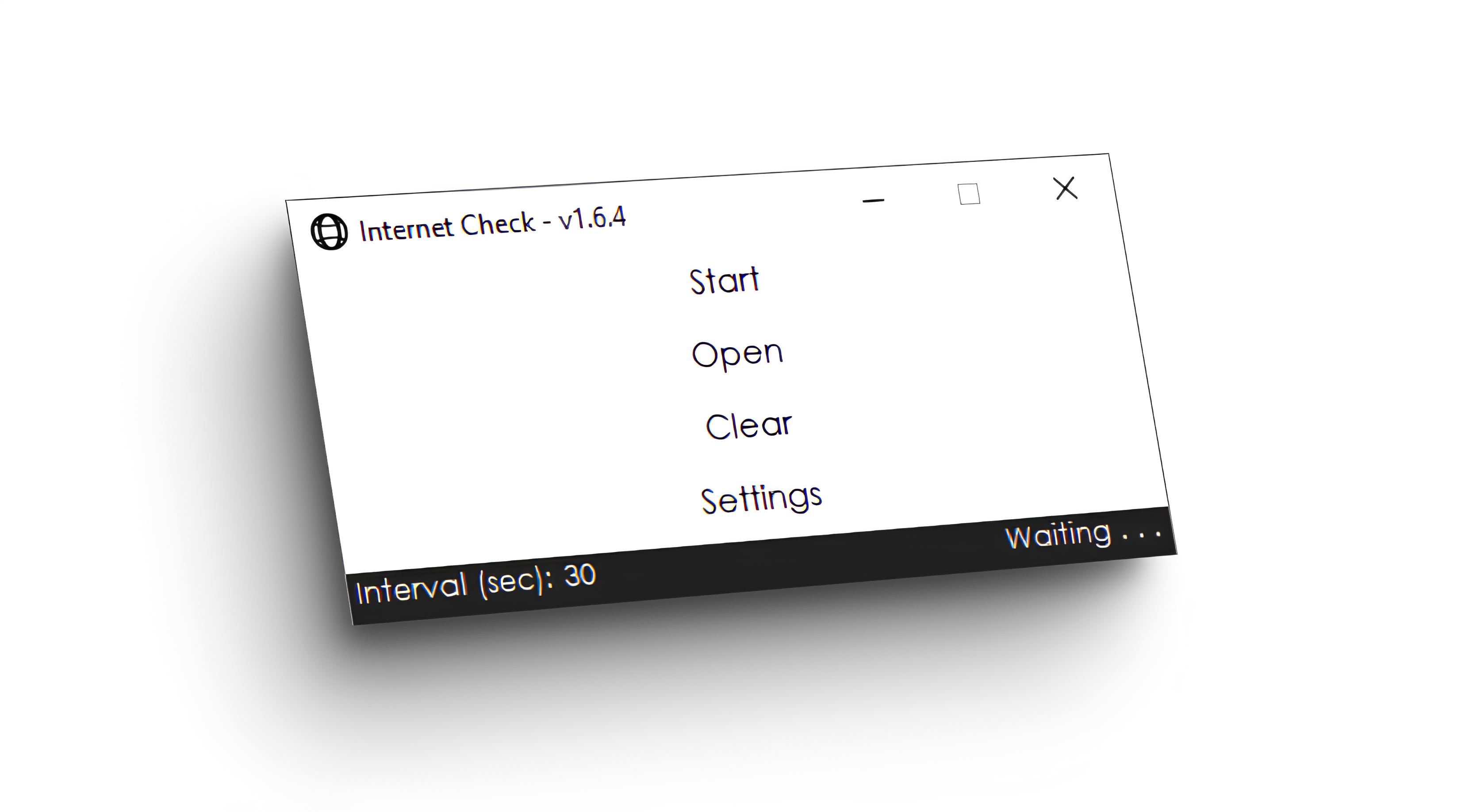 Mockup of software recording internet downtime. The program has a simple UI in white at the top and black at the bottom with white taking up most of the interface. The main form is made up of 4 buttons: Start, Open, Clear and Settings. At the bottom there are two elements: Interval (sec): 30 and Waiting... .