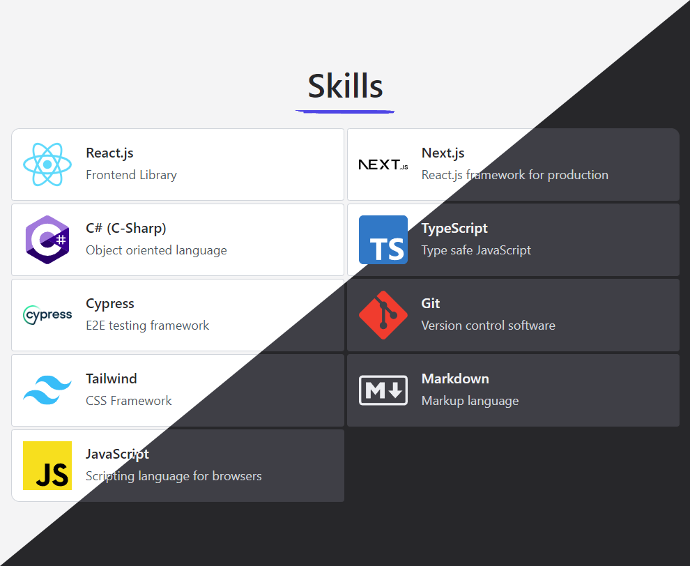 Mockup of this website showing skills section of this website in dark and light color scheme.