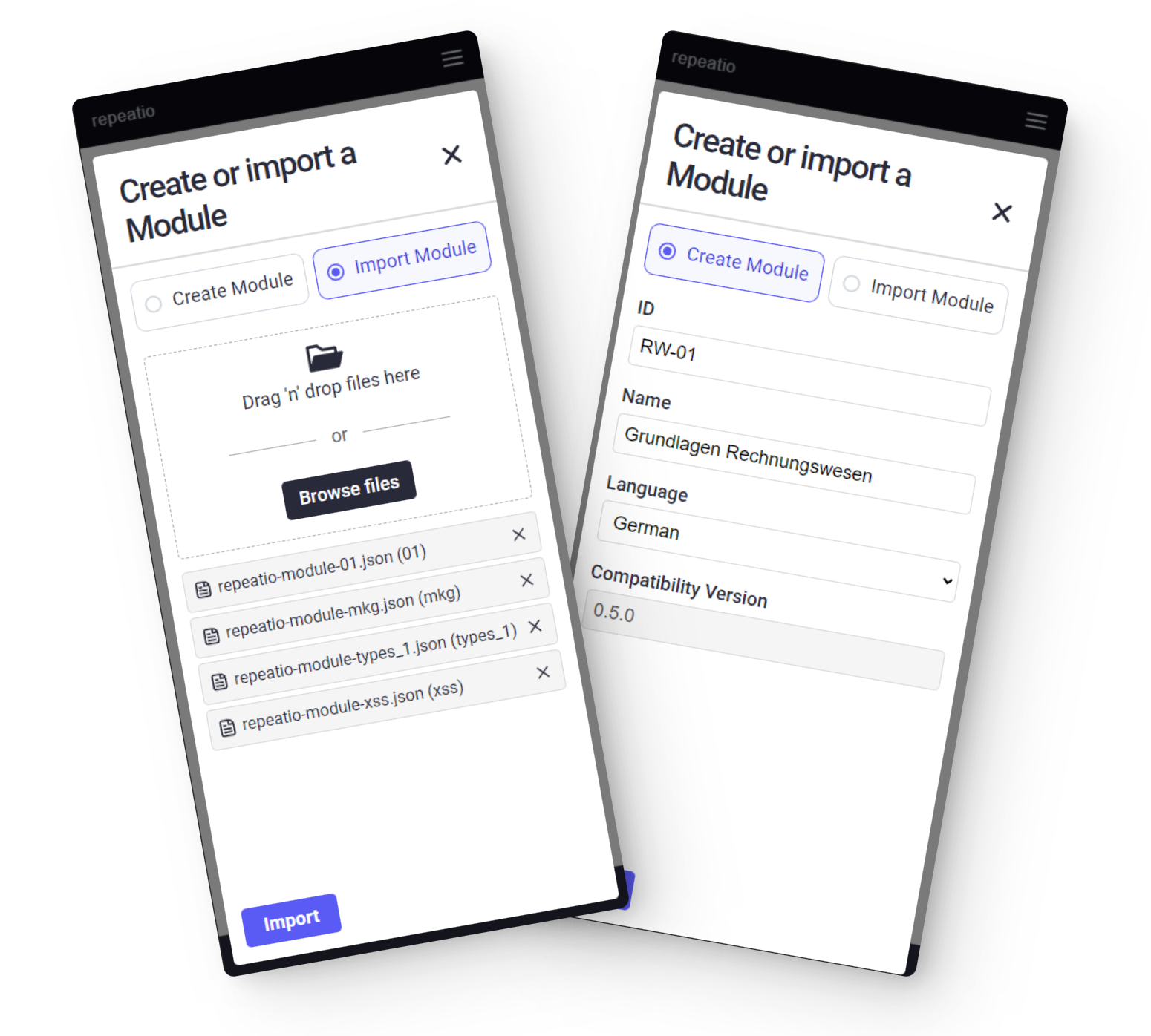 Two mockup of phones with a form titled Create or import a Module. On the left mockup the option 'Import Module' is selected'. The user has imported 4 modules. On the right mockup the option 'Create Module' is selected. The user is filled in the following inputs in the form. ID: RW-01. Name: Grundlagen Rechnungswesen. Language: German. Compatibility Version: 0.5.0 .